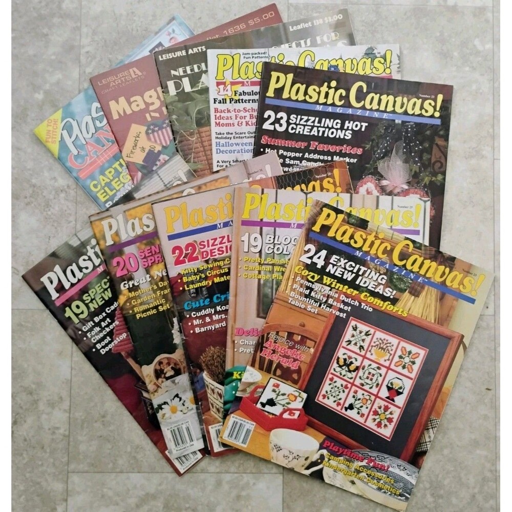 Vtg Plastic Canvas Magazine LOT of 11 - Issues 23 25 26 30-34 + Leaflets - CRISP